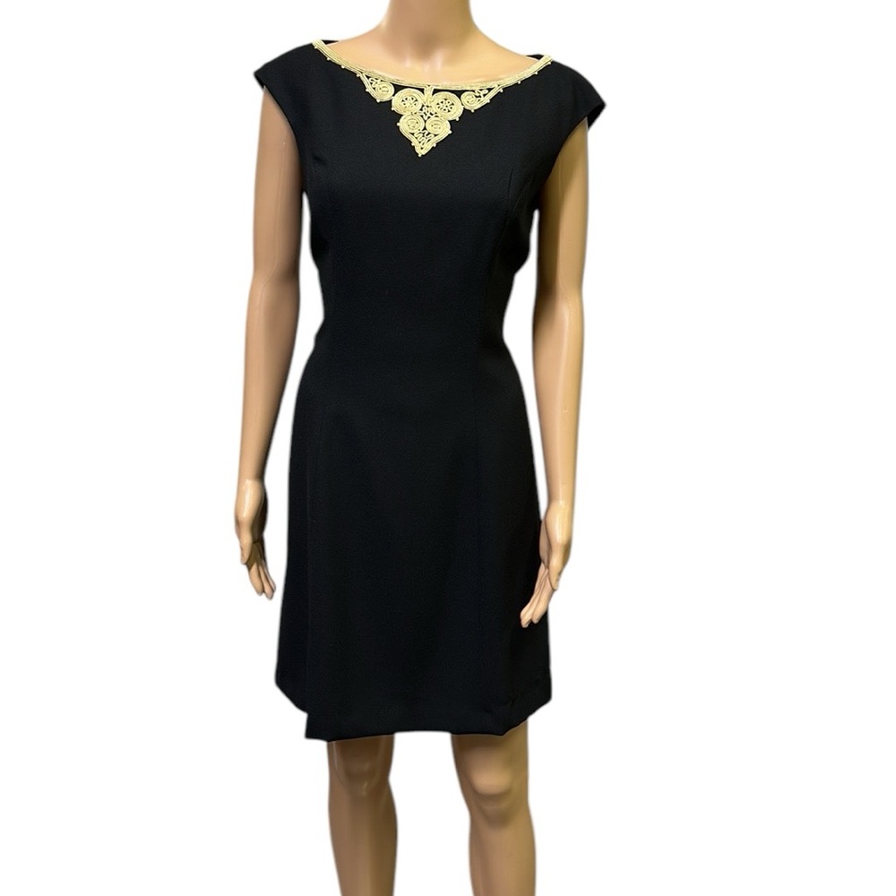 Liz Claiborne Night Black Gold Embellished Cap Sleeve Zip Back Cocktail Dress 8
